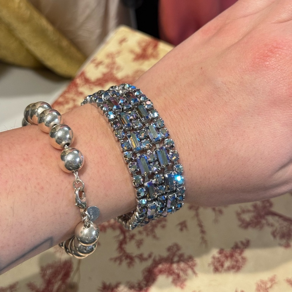 Vintage 1950s Signed Sherman Sparkly Rhinestone cuff Bracelet in Silver & Blue